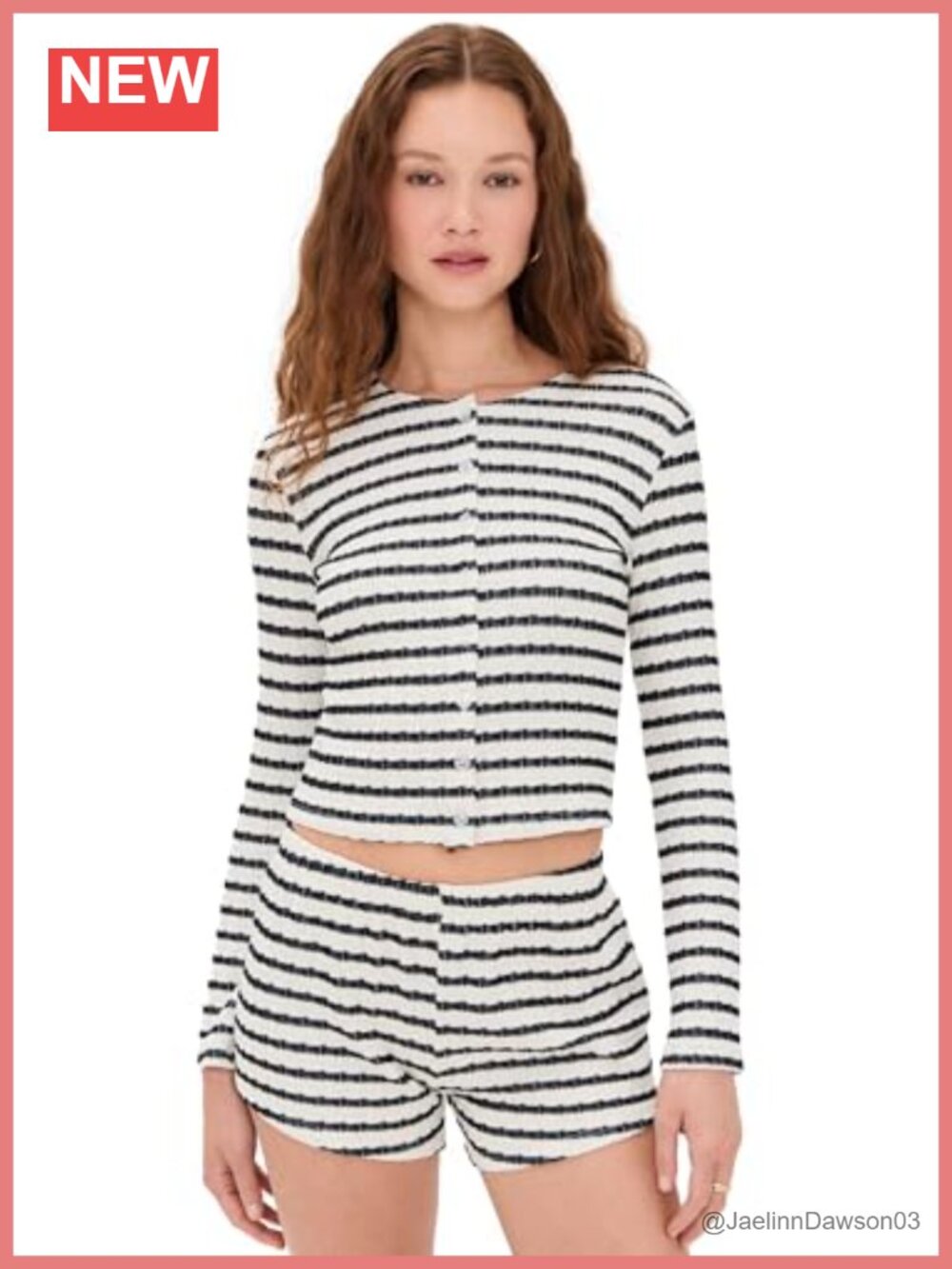 Striped Smocked Cardigan Long Sleeve Button Placket Stretch Knit